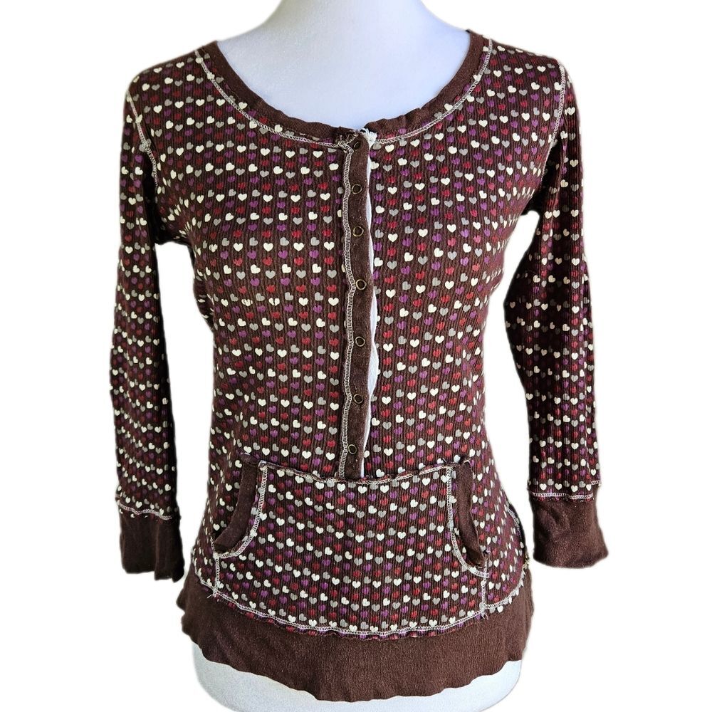 Energie Y2K Brown Ribbed Heart Top Womens Large Distressed Cotton Henley Pocket